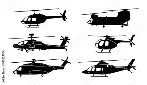Obraz na płótnie Helicopter silhouette vector collection, set of 6 black aircraft icons, military