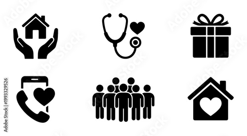 Charity and community support icons set, black flat vector symbols for non-profit organizations, medical care and social welfare graphics