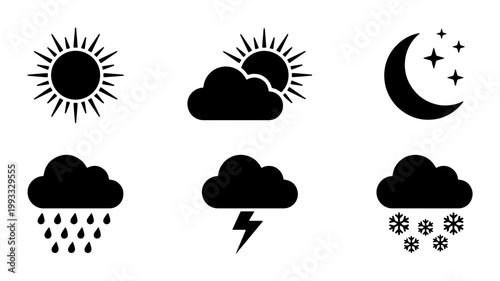 Minimalist weather icon set with black silhouettes, flat meteorology symbols for sun and rain, collection of 6 vector weather forecast elements