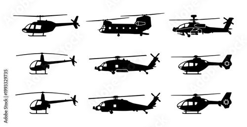 Helicopter silhouette vector set, collection of 9 black aircraft icons, military and civilian chopper symbols for aviation infographics and logos