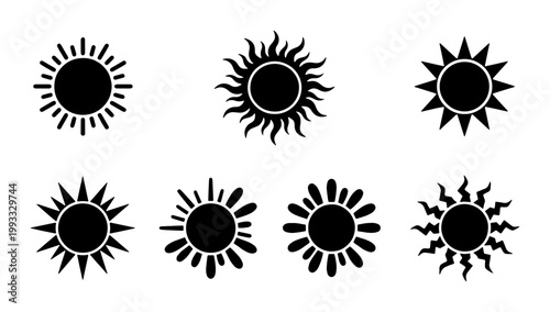 Minimalist sun icon set, black sunburst vector collection, 7 solar symbols with rays and wavy lines, summer weather graphic elements for logo design