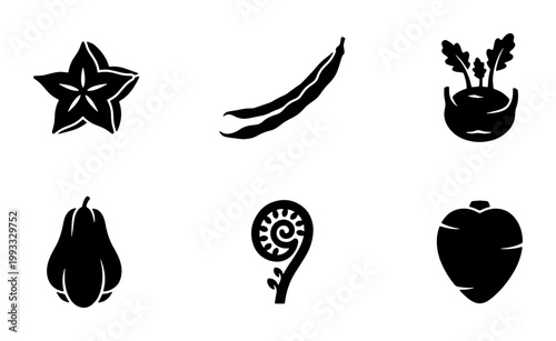 Minimalist vegetable icon set, black solid fruit and plant silhouettes, 6 vector elements including starfruit, green beans, kohlrabi, and fiddlehead fern