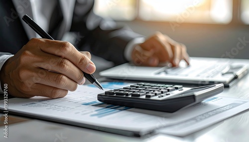 Man in suit reviews documents with pen, calculator and laptop, natural lighting