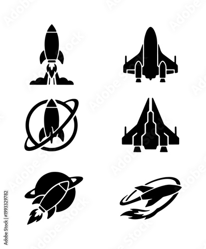 Rocket ship icons set, black space shuttle silhouettes, 6 minimalist spaceship vector graphics, cosmic exploration and aerospace industry symbols