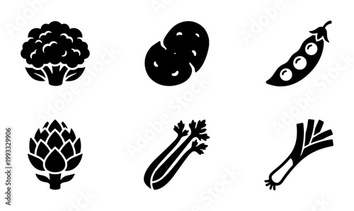 Minimalist vegetable icon set, black solid vector illustrations of healthy food, collection of 6 organic garden produce symbols for grocery and cooking