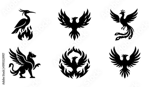 Mythical phoenix bird silhouettes, set of 6 black firebird icons and winged griffin vector illustrations, fantasy creature logo elements for branding