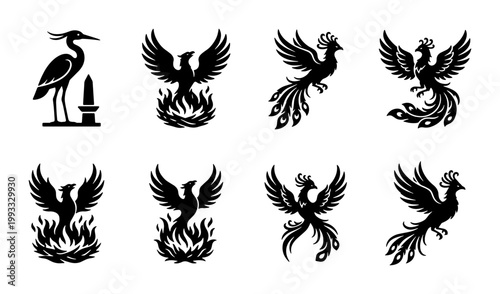 Mythical phoenix bird silhouettes set, 8 black vector icons of rising firebirds and heron, ancient greek and egyptian mythology symbols for logo design