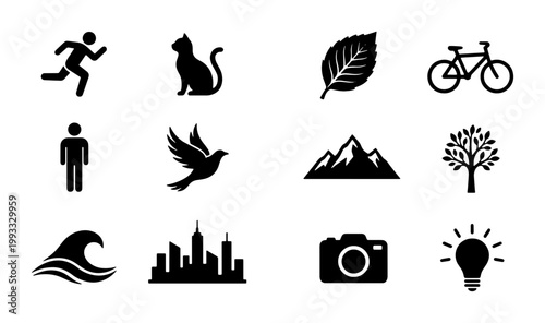 Minimalist black silhouette icons set, collection of 12 flat vector symbols, modern graphic elements for web design and infographics