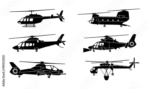Photos Helicopter silhouette vector set, collection of 6 aircraft icons, military and c