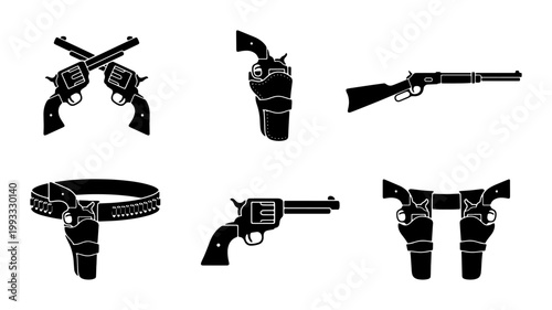 Tableau sur toile Vintage wild west gun collection, 6 black silhouette icons of revolvers and hols