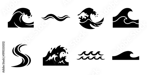 Ocean wave icons set, black sea surf silhouettes, 8 minimalist water ripple vector elements for logo design and summer branding