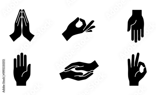 Yoga mudra hand icons set, meditation hand gestures in black silhouette, 6 spiritual zen hand positions for wellness and mindfulness design