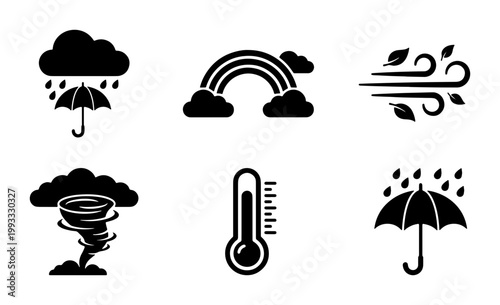Minimalist weather icon set, black silhouette meteorology symbols, collection of 6 vector weather elements for forecast apps and climate reports