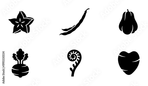 Minimalist vegetable icon set, black silhouette organic food symbols, set of 6 vector illustrations including carambola and root vegetables