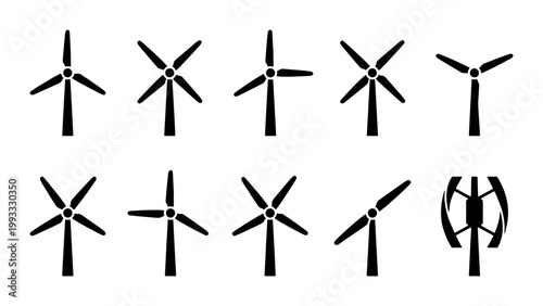 Wind turbine icon set, renewable energy silhouettes, 10 sustainable power generator vector symbols for green technology and ecology design