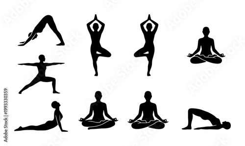 Yoga poses silhouette collection, set of 9 female figures in various asana positions, black vector icons for wellness and fitness design