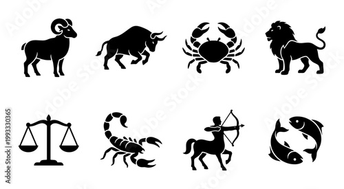 Zodiac signs black silhouette icons set, astrology horoscope symbols collection, mystical celestial animal vector illustrations for web and print