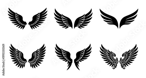 Black heraldic wings collection, set of 6 decorative bird wing silhouettes, vintage angel and eagle wing vectors for logo design and apparel