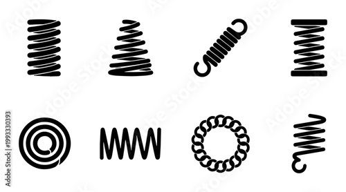 Industrial metal spring icons set, black steel coil vector illustrations, mechanical tension and compression spiral elements for engineering