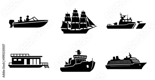 Nautical vessel silhouettes set, black ship icons collection, maritime transport vector elements including cruise ship, sailboat, and motorboat