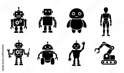 Robot icon set with 8 black vector silhouettes, futuristic android characters and industrial robotic arm, mechanical automation symbols for technology