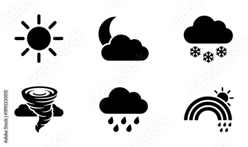 Minimalist weather icon set with 6 black vector symbols, meteorology forecast elements for mobile apps, flat climate signs including sun rain and snow