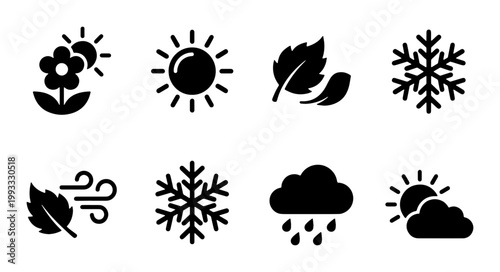 Weather forecast icons set, 8 black seasonal vector symbols, meteorology climate signs for spring summer autumn and winter, minimalist nature elements