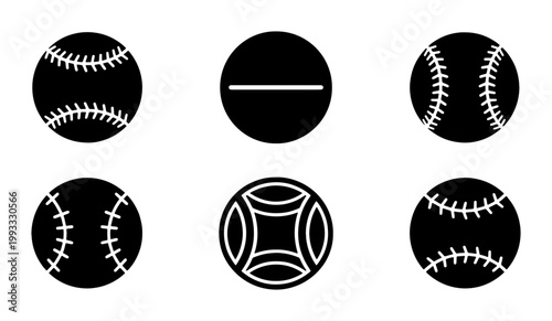 Baseball ball icon set with 6 black silhouettes, sports equipment vector elements for league logos, athletic game ball symbols with white stitching