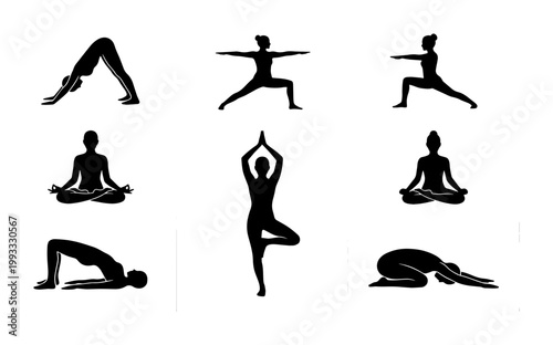 Yoga poses silhouette collection, female fitness exercise icons set, black woman yoga asana vector illustrations for wellness and meditation