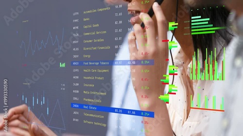 Right agent adjusting headset and taking calls, camera panning faces, market charts overlaying keys
