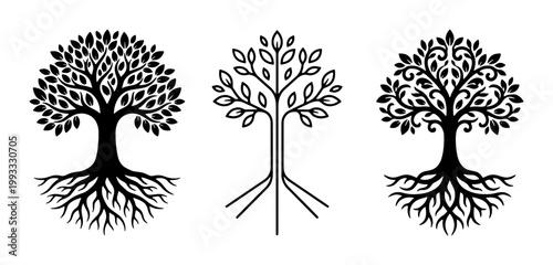 Tree of life vector icons with roots and leaves, black silhouette oak and maple trees, set of 3 organic nature logo symbols for branding
