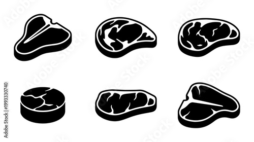 Black and white meat steak icons, set of 6 beef cut vector illustrations, t-bone and ribeye steak silhouettes for butcher shop branding