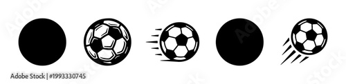 Soccer ball vector icons set, black and white football silhouettes, flying sports ball with motion lines, minimalist athletic equipment graphics
