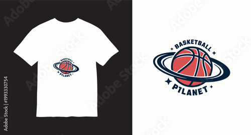 Basketball planet logo featuring red ball with orbital rings and stars for creative sports apparel or team identity design.