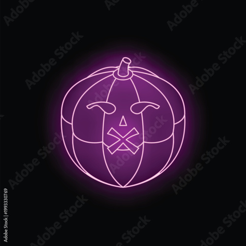 Spooky neon jack o' lantern with its mouth covered, adding a touch of mystery to halloween celebrations