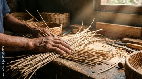 An artisan's hands skillfully weave natural reeds into a basket on a rustic wooden table bathed in sunlight.