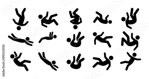 Falling person stick figure icon set, 15 black vector silhouettes of people tumbling and dropping, accident and injury warning symbols for safety signs