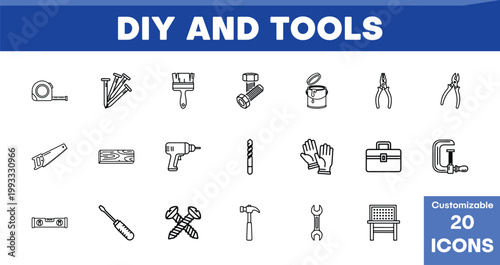 DIY and Tools vector icon set, 20 customizable outline icons for home improvement and construction projects, essential hardware and repair equipment collection