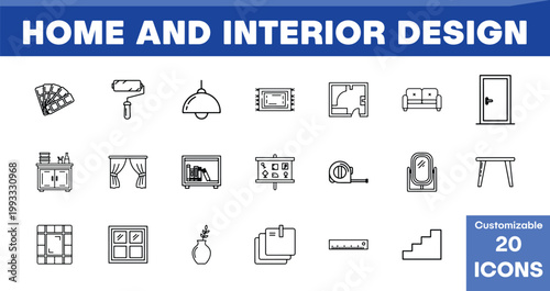Home and Interior Design Vector Icons, a customizable collection of 20 outline symbols for decor and furnishing, perfect for architectural and renovation projects