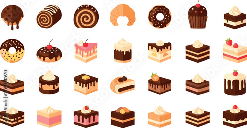 Assorted Desserts Collection with Cakes Pastries Donuts and Rolls for Bakery Menu Sweet Food Illustration and Confectionery Design Set