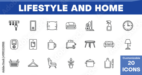 Lifestyle and Home 20 Icons Set, customizable vector line art collection for modern living, household essentials, and domestic activities, clean minimalist design for web and app interfaces.