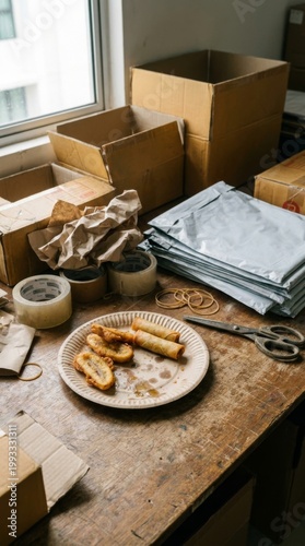 A messy work table is covered with packing supplies, a plate of fried snacks, and a pair of scissors.