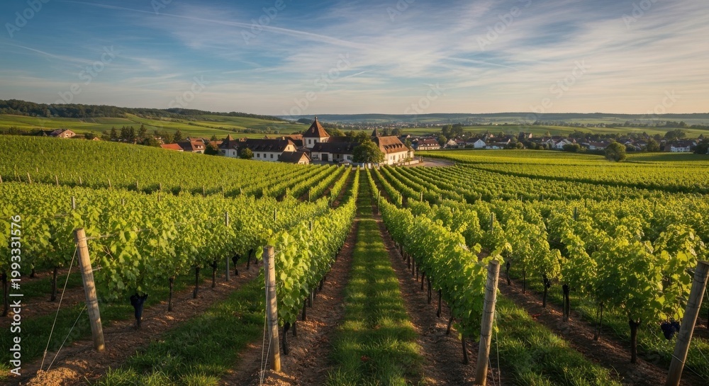 Fototapeta premium Expansive Vineyard Landscape with Rows of Lush Grapevines and Distant Buildings Under a Clear Blue Sky
