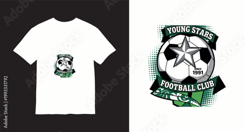 Young stars football club emblem with soccer ball and green ribbon banner for athletic organization or sports apparel design.