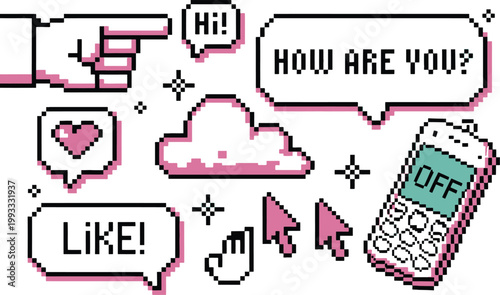 Pink doodle style set with hearts, speech bubbles and like symbol