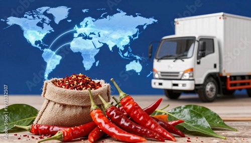 Red Chili Pepper in Burlap Sack and Truck for Global Export