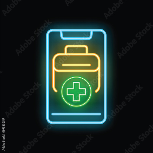 Neon sign representing online medical consultation with smartphone and first aid kit glowing on a wall