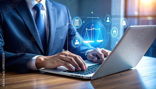 Man in a suit typing on a laptop with law scale icons glowing above it