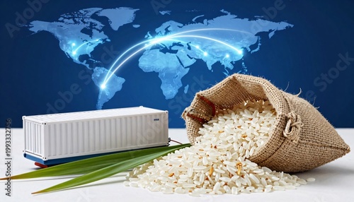 White Rice Spilling from Sack with Shipping Container Export