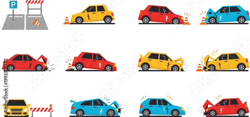 Collection of small car accident scenes with damaged vehicles, parking barriers, road cones and collision situations in flat vector illustration for traffic safety concepts